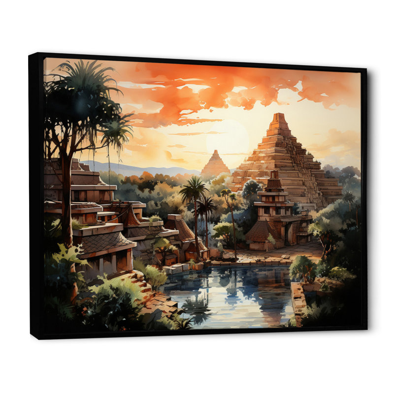 «Teotihuacan Sunrise Impressionism II», art mural Mexique, Cadre flottant noir, 34" H x 44" W