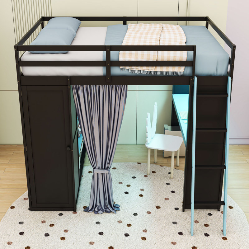 Lit mezzanine double avec bureau intégré, garde-robe, tablettes, rideaux et éclairage RVB contrôlé par l'application