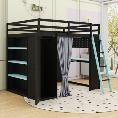 Full Loft Bed with Integrated Desk, Wardrobe, Shelves, Curtains and APP-Controlled RGB Lighting