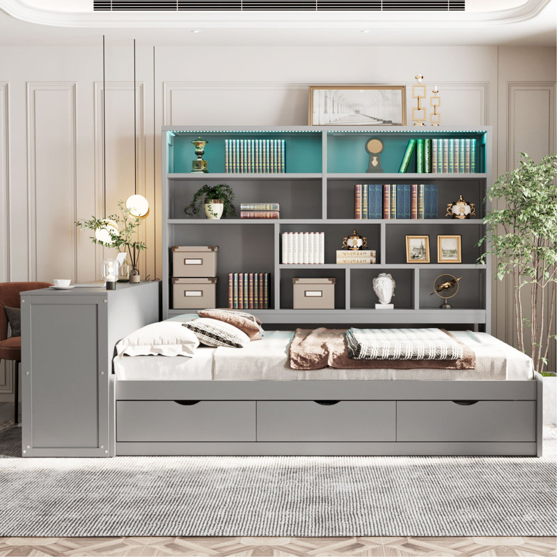 Lit de jour en bois avec trois tiroirs, bureau, tablettes et lumières, Gris