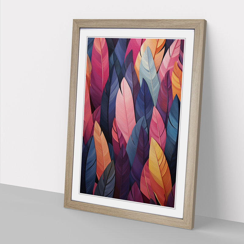 Feather Geometric - Single Picture Frame Print on Wood, Oak, 46cm H x 34cm W x 2cm D