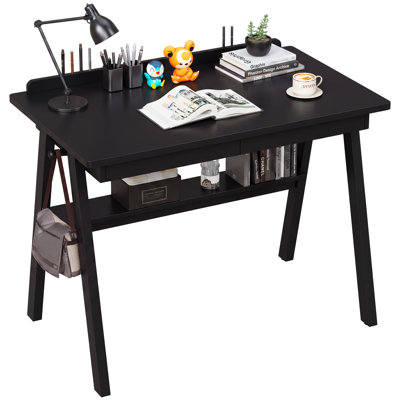 100% Solid Wood Desk with Drawers & Storage Shelf - 40 x 24 Inch Simple Modern Desks, Writing Desk with Deeper Desktop, Home Office Computer Desks for Bedroom & Home-Black