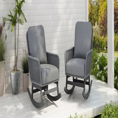 [Ensemble de 2] Chaise berçante minimaliste contemporaine en osier gris avec coussins en polyester doux et structure en bois durable, pour les espaces intérieurs et extérieurs comme le patio, le balcon ou le salon