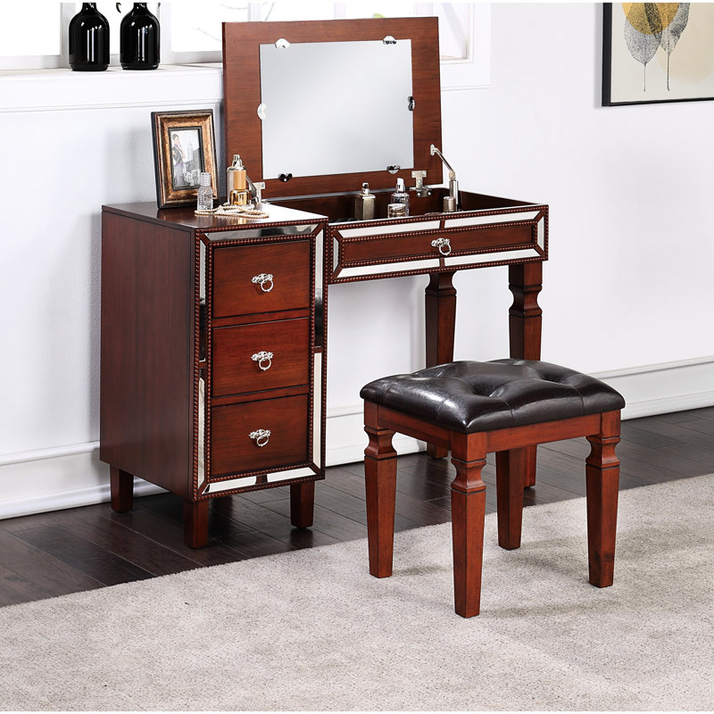 Bedroom Vanity In Cherry Color - With Stool, Abundant Storage Drawers, Stylish Design, + Poplar Veneer, Rubber Wood Construction