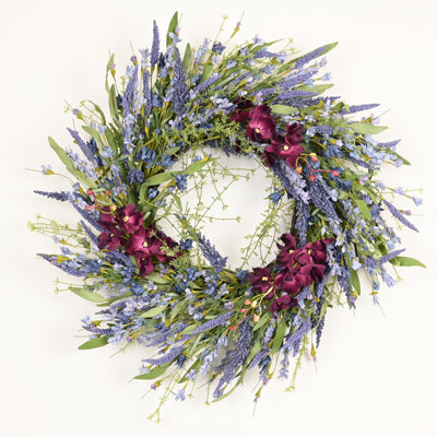 22" Artificial Farmhouse Blossom Cluster Berry Greenery Foliage Spring Summer Wildflower Orchid Floral Wreath For Front Door