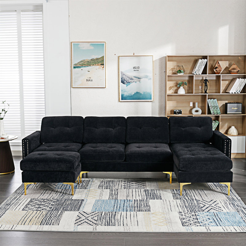 Convertible Sectional Sofa Couch With Movable Ottoman, Black Velvet