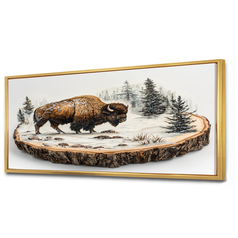 Marven Bison in Winter Forest Landscape II - Bison, art mural, H 28 po x l 60 po, Cadre flottant, Doré