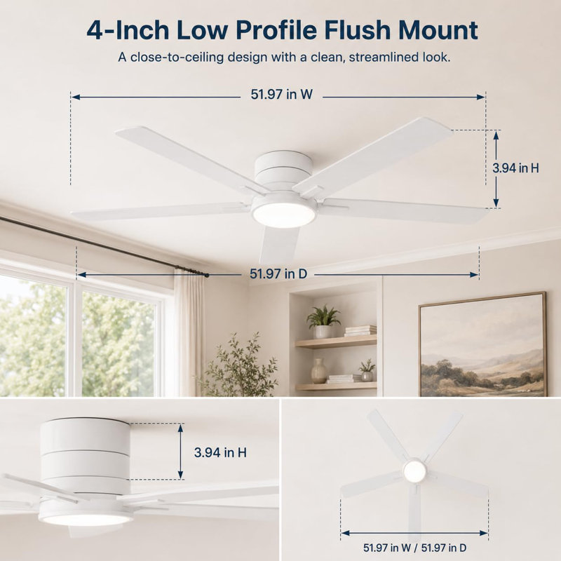 Ventilateur de plafond moderne et discret de 132 cm (52 ​​pouces) avec éclairage et télécommande - Conception simple à installer au ras du sol - Idéal pour la cuisine, la salle à manger, la terrasse, le porche ou le belvédère - Couleur : Blanc