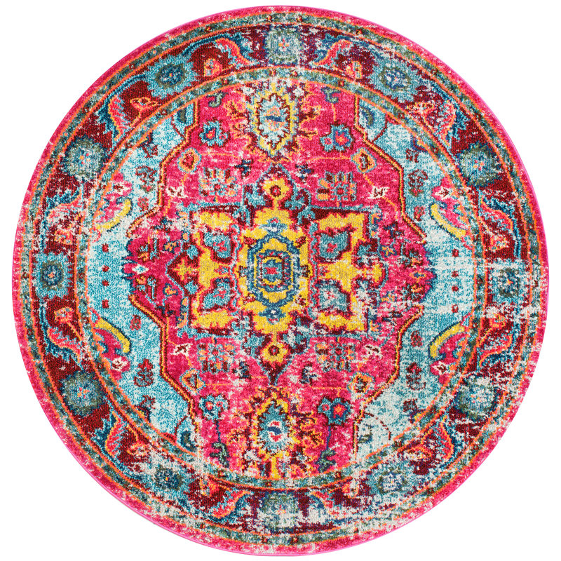 Juliemarie Vintage Bohemian Power Loom Performance Pink Rug, Round 4'
