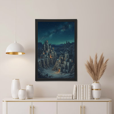 Observatory City on Rocky Cliffs Under Starry Sky Canvas Wall Art