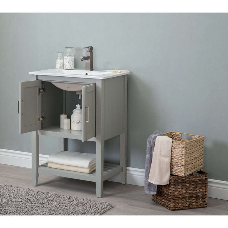 Petersburgh 24'' Single Bathroom Vanity with Ceramic Top, White/Gray