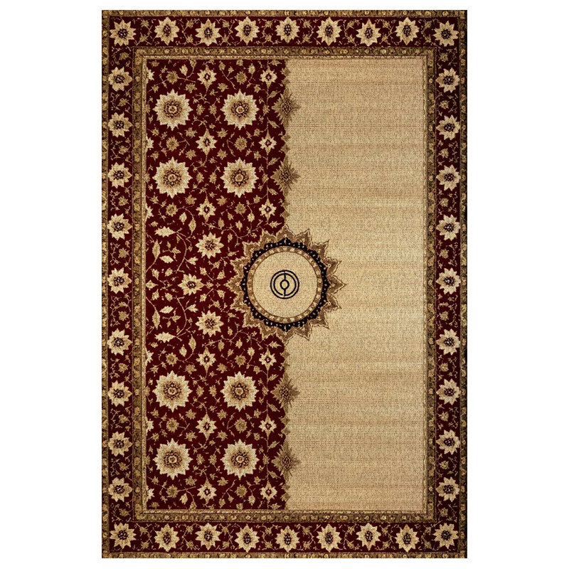 Minasa Collection Digital Print Cotton-Polyester Beige Burgundy Oriental Rug, Round 3'4"