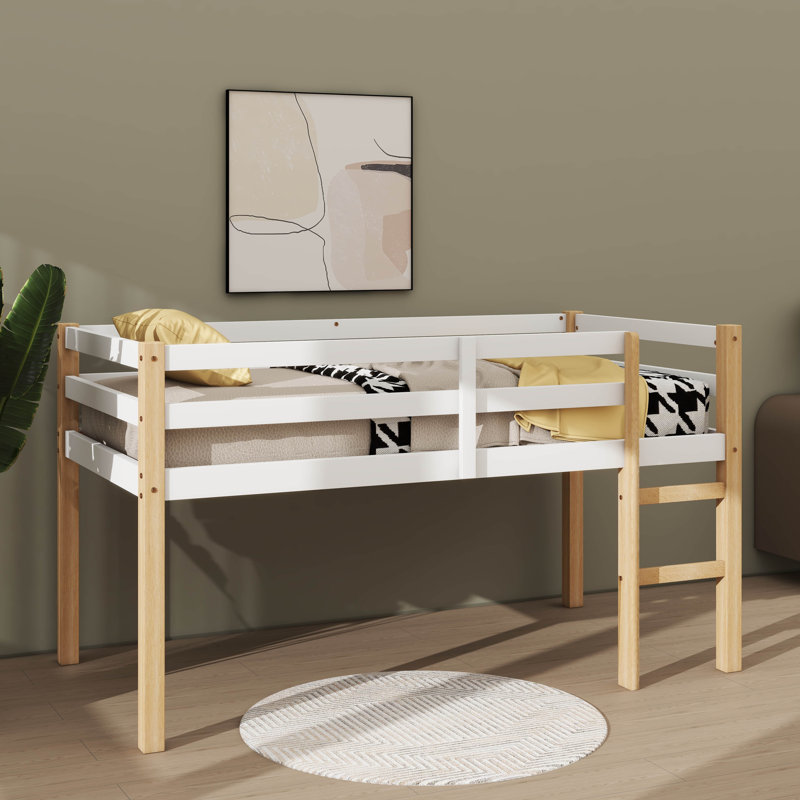 Twin Loft Bed With Guardrails And Ladder, Natural-white