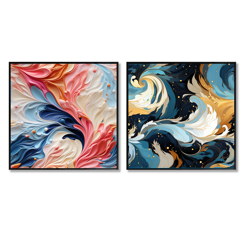 Dabne - Ensemble de 2 collages abstraits carrés, Cadre flottant noir, H 16 po x l 33 po