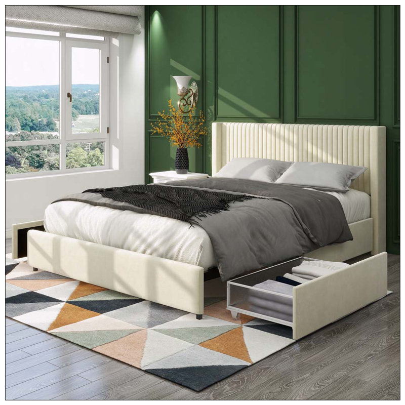Tête de lit avec lit à oreilles et plateau de rangement en velours Anna, Ivory
