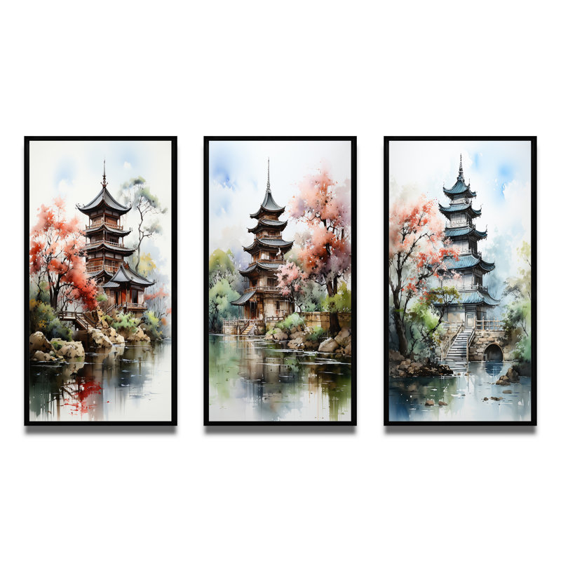 «Asian Art Serene Pagoda», 3 pièces sur toile, Cadre noir, H 28 po x l 36 po