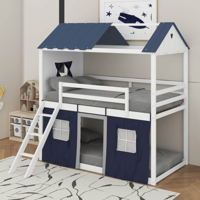 Kobart Bunk Wood House Bed with Elegant Windows, Sills and Tent
