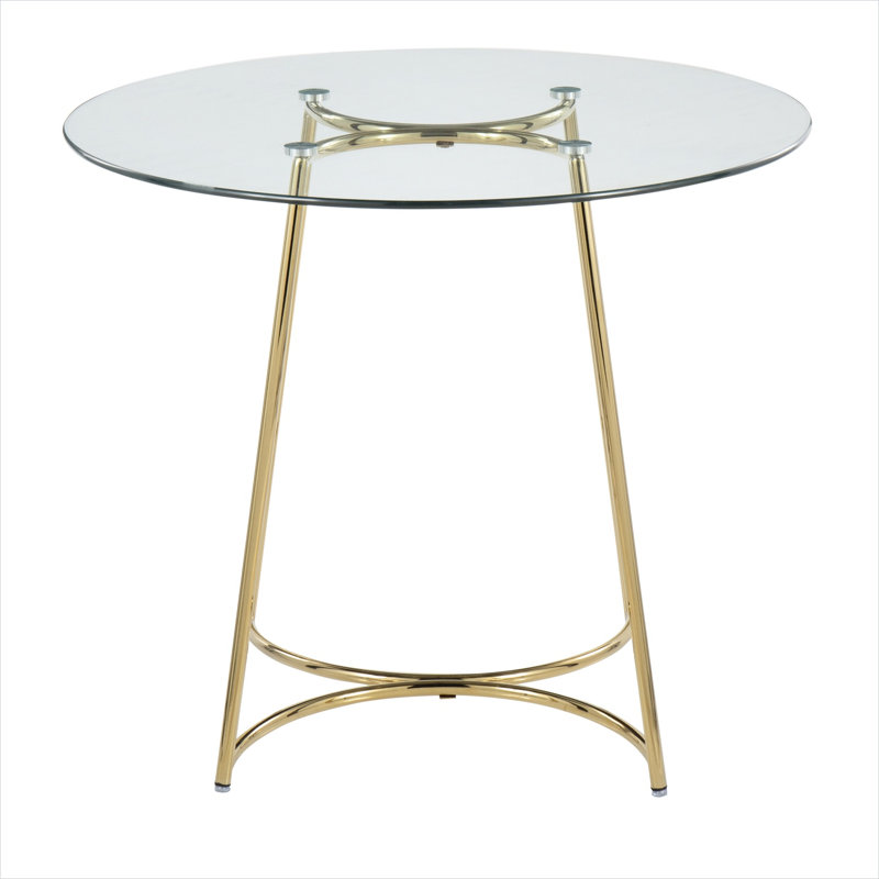 Table de salle à manger ronde avec plateau en verre et structure en acier doré, sièges 4