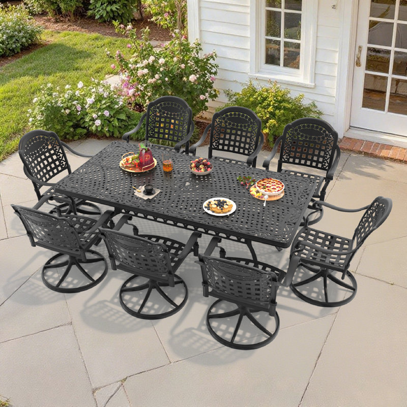 9-Piece Rectangle Cast Aluminum Outdoor Patio Dining Set with Swivel Chairs & Cushions & Umbrella Hole