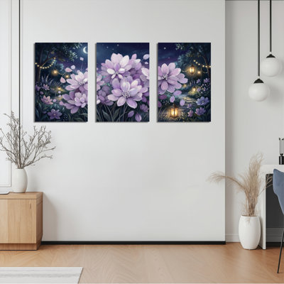 Fleurs mauves nuit, ensemble de 3 reproductions d'art sur toile tendues sur toile