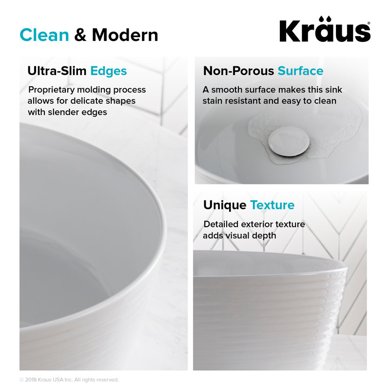 Lavabo de salle de bain vasque en céramique mince KRAUS Viva ™ avec bonde escamotable
