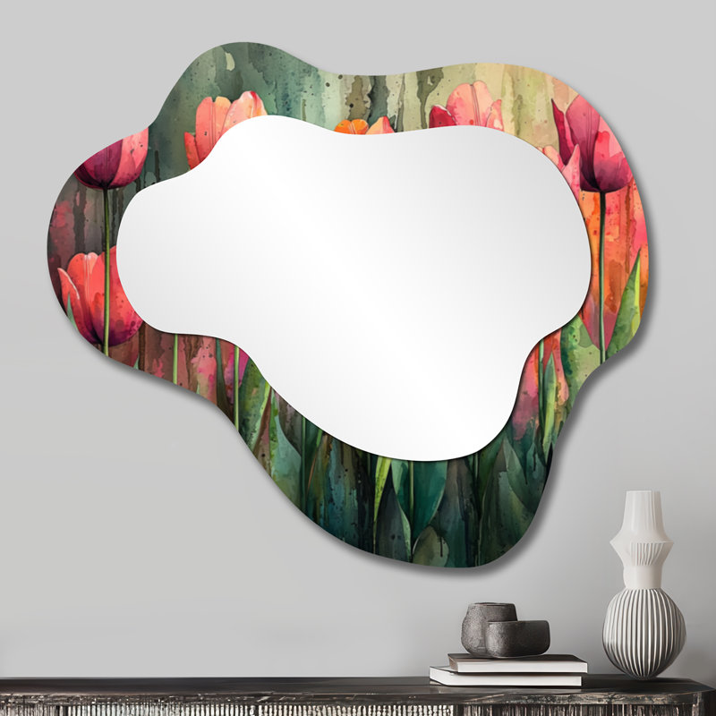 Watercolor Pink Hues Tulips Field Horizon I - Tulips Irregular Asymmetrical Mirror, Traditional Wall Mirror, Printed on Metal