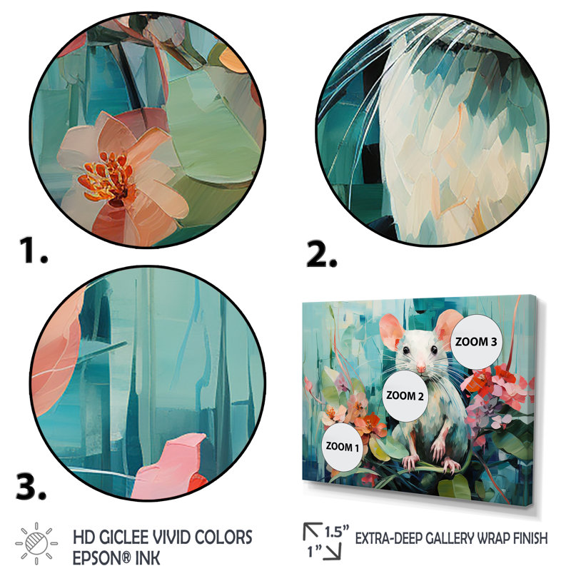 «Green Curious Rat Blooms» - souris, art mural, Cadre doré à coins fermés, H 34 po x l 44 po x P 1,5 po