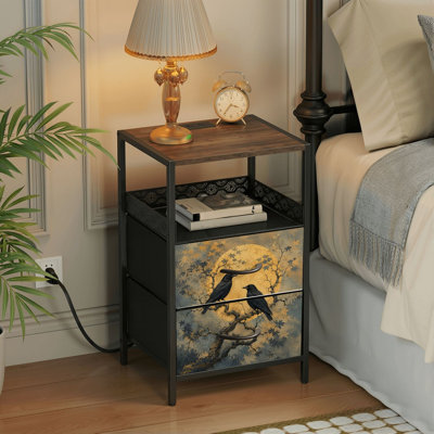 Table de chevet 2 tiroirs avec station de charge, table de chevet pour chambre avec ports USB et amp; Table de chevet noire Outlet