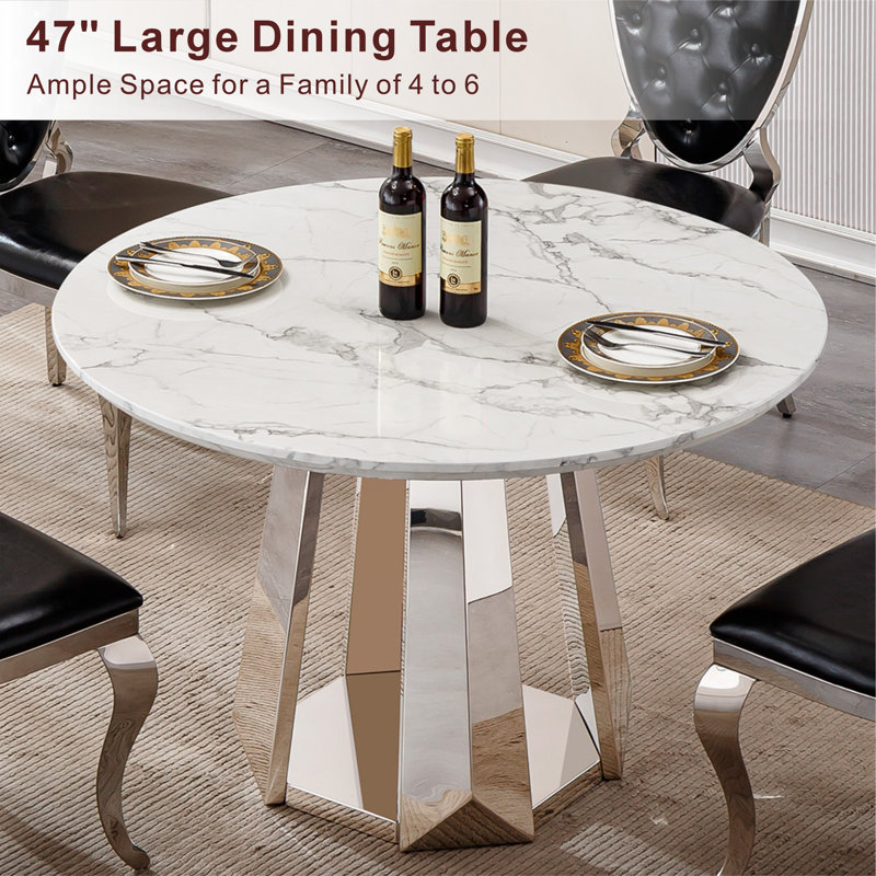  Table de salle à manger ronde 47 po en faux marbre avec base en acier inoxydable à miroir, Base argentée / plateau blanc