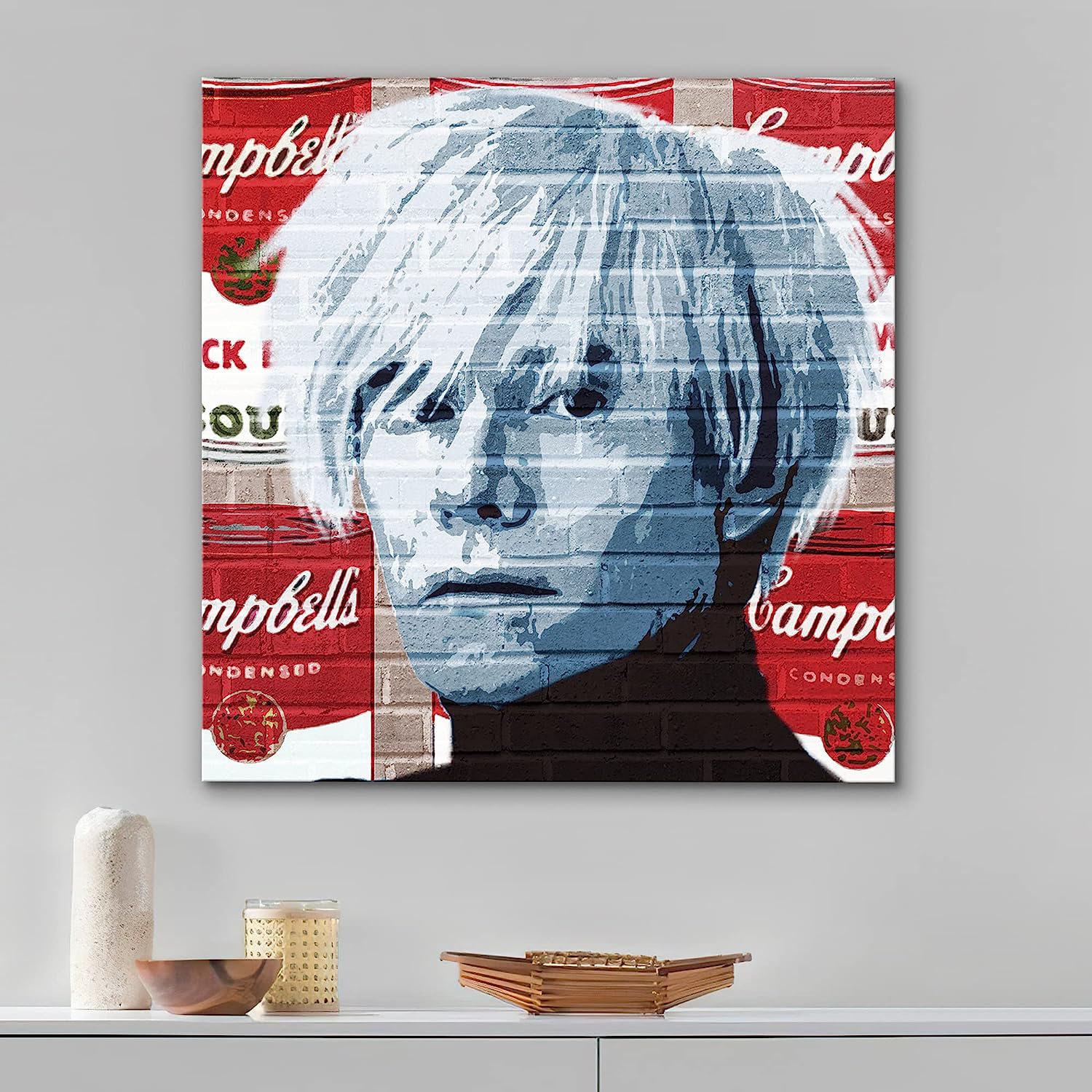 Andy Warhol Soup Can Brick Wall Portrait on Canvas Bold Art IDEA4WALL Size: 12 H x 12 W x 1.5 D