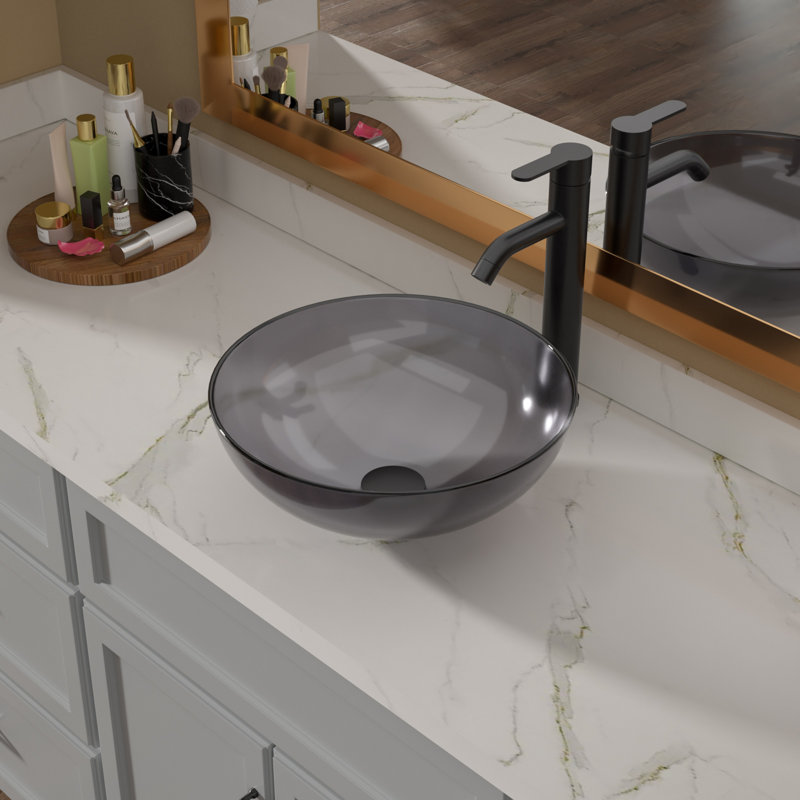16" L x 16" W Glass Bathroom Vessel Sink Clear Grey Tempered Glass Above Counter Sink with Drain