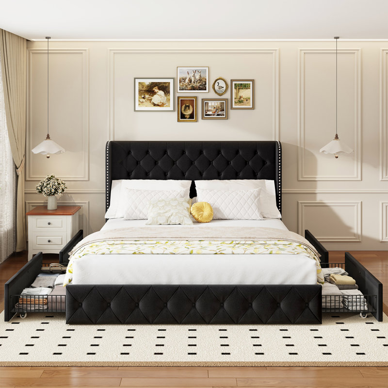 Black Upholstered King Bed, Upgrade Your Bedroom with Wingback Tufted Headboard and Large Storage Drawers, Black