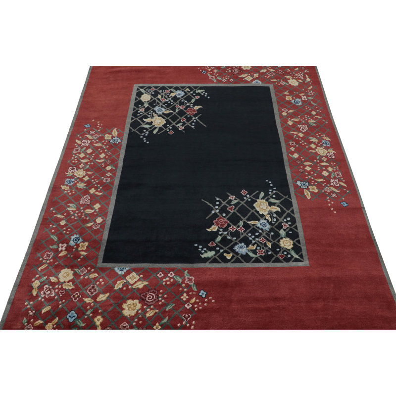 Rug & Kilim’S Chinese Art Deco Rug In Red & Black With Colorful Florals, Rectangle 10' x 14'