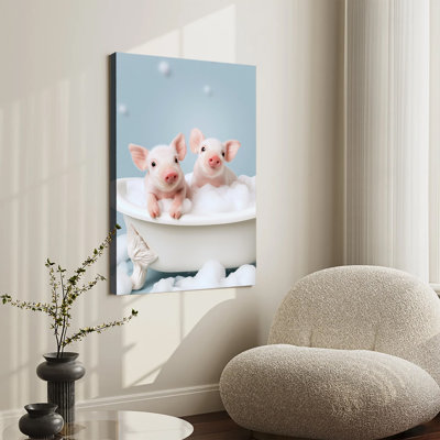 Cute Baby Pigs Bathing In Tub With Foam Bubbles Large Gallery Wrapped Canvas Wall Art Print For Living Room Bedroom