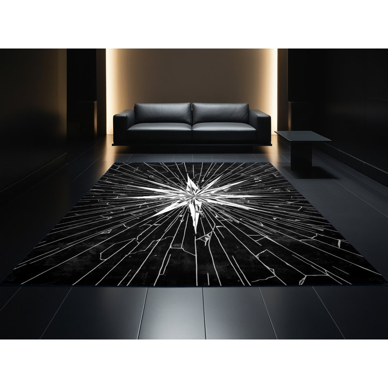 Machine Washable Wynsum Art Deco Starburst Rug in Blue – Navy Binding, 8x12