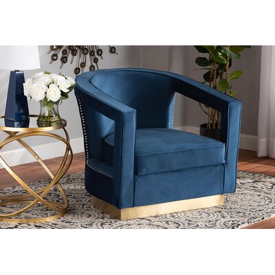 Everly Quinn Studio Neville Modern Luxe And Glam Navy Blue Velvet Fabric Upholstered And Gold Finished Metal Armchair -  DFD92D01D5EB49DF9EA2887CB06966D5