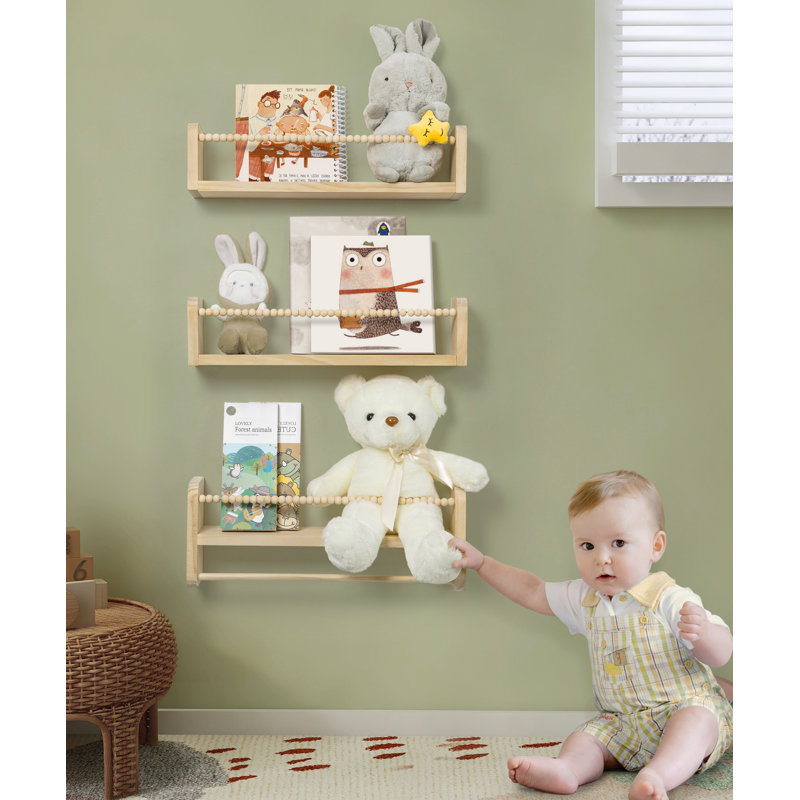Natural Wood Nursery Floating Shelves Set of 3 with Towel Bar 23in Wall Mounted Organiser for Child's Room, Natural Wood