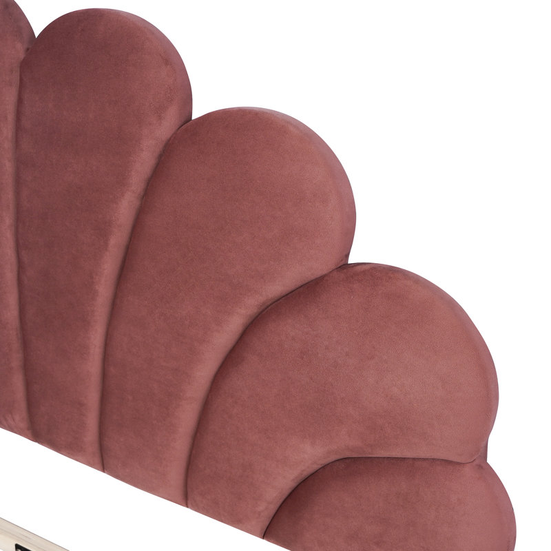 Lit plateforme tapissier double avec tête de lit en velours à motif floral, Pâte de haricots rouge