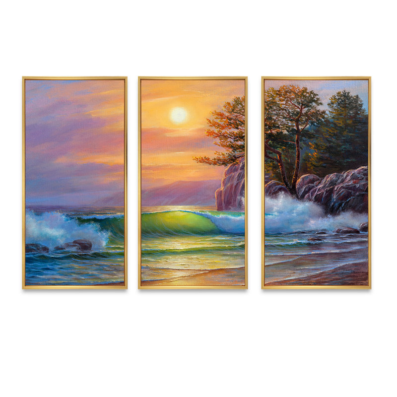 «Morning Sun on Sea Waves» par les pins - ensemble d'art mural encadré nautique et côtier sur 3, H 20 po x l 36 po x P 1 po