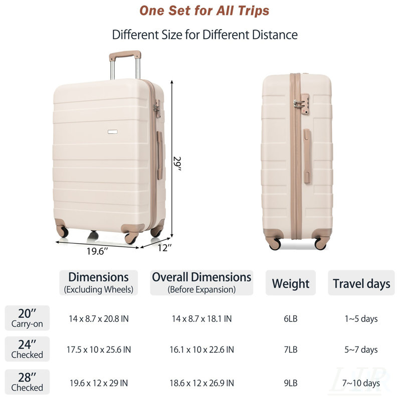 Ensemble de valises rigides en ABS 3 pièces avec roulettes pivotantes et serrure TSA, légères et résistantes aux égratignures pour un voyage pratique