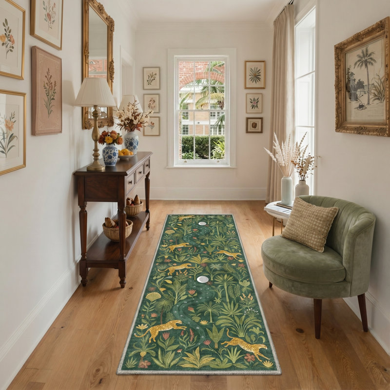 Alcoa Veridian Animal Print Machine Washable Green / Yellow Indoor Area Rug with Non-Slip Backing, Runner 2' x 6'