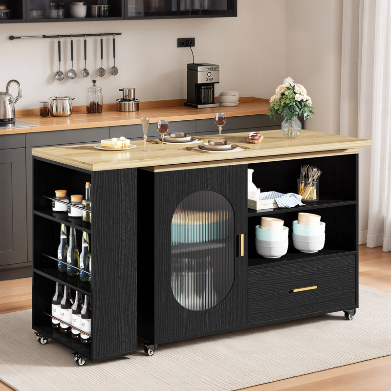 Kitchen Island With Extended Table, Storage Cabinet, Drawers, Black Oak, Light Oak/Black 