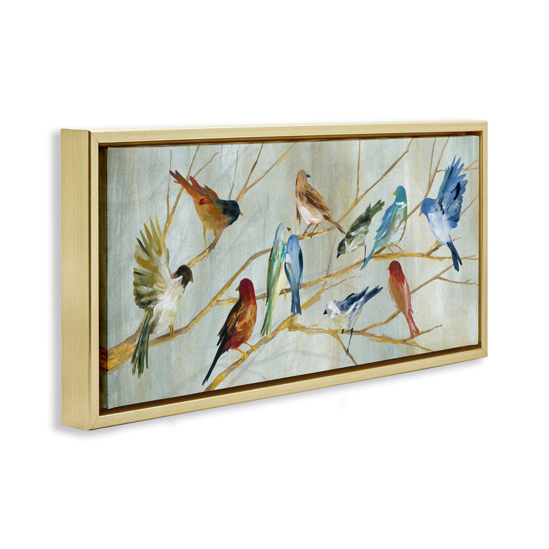 «Birds Resting Autumn Branches», art mural sur toile flottante par Carol Robinson, Cadre flottant métallique doré