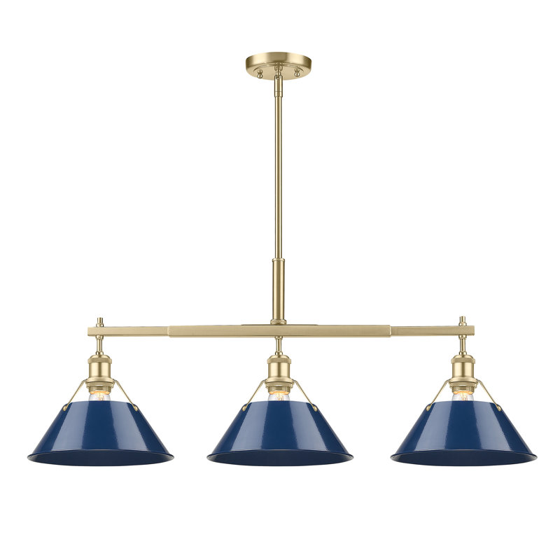 Luminaire suspendu linéaire à 3 lumières pour îlot de cuisine Weatherford, Brushed Champagne Bronze, Bleu marine mat