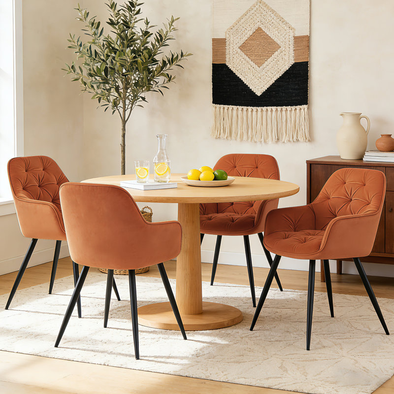 Velvet Upholstered Armrests Tufted Dining Chair with Wide Back 50cmH, Orange