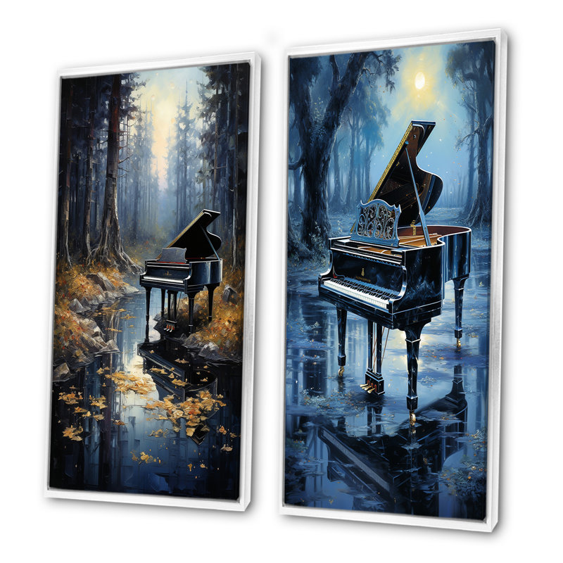 «Piano Forest Reflection - Music Piano», ensemble de 2 reproductions d'art sur toile, Cadre flottant blanc, H 28 po x l 25 po