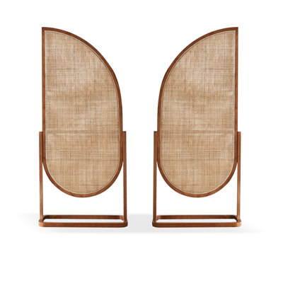 2 Panels Black Solid Wood+Rattan Room Divider
