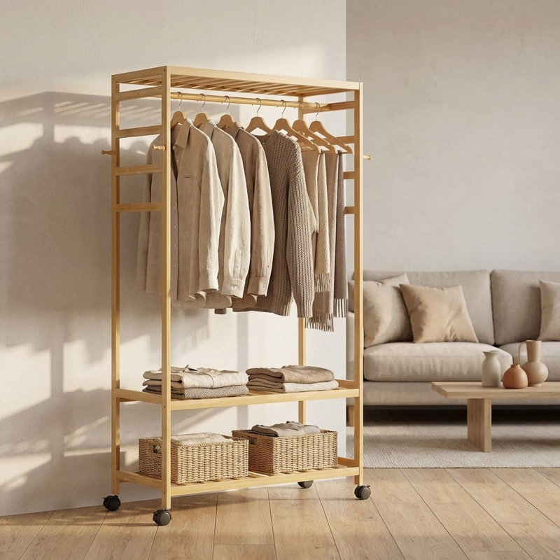 Wooden Clothes Rack | Portable Open Wardrobe with Shoe Storage