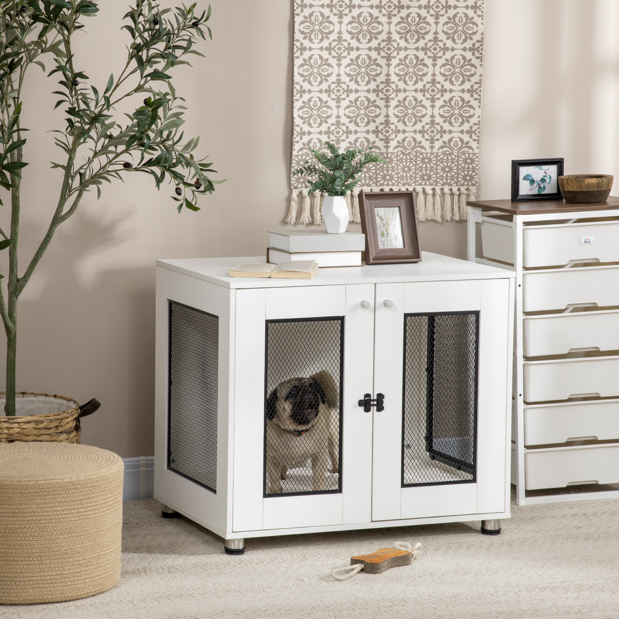 Tucker Murphy Pet™ Pet Crate End Table With Water-Resistant Cushion,  Double-Door Dog Crate Furniture For Medium Dogs, Wooden Wire Pet Kennels  For