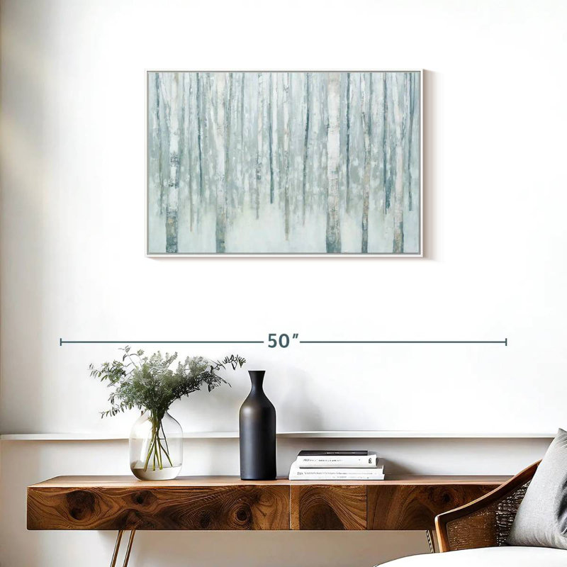 Bouleaux en bleu-gris d'hiver, Cadre flottant blanc, 31 po x 21 po